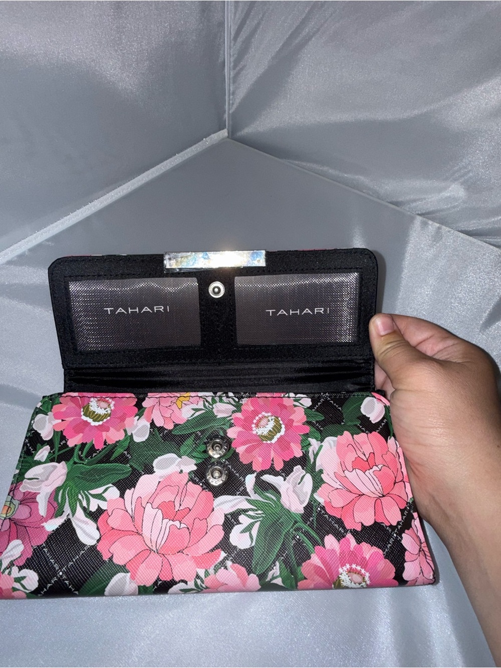 Tahari Pink Floral Wallet Clutch with Metal Logo - Picture 4 of 6